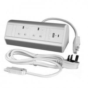 PBlock Desk Power 2-Fused Sockets, USB A+C, 2m Start Lead (in Black, White)