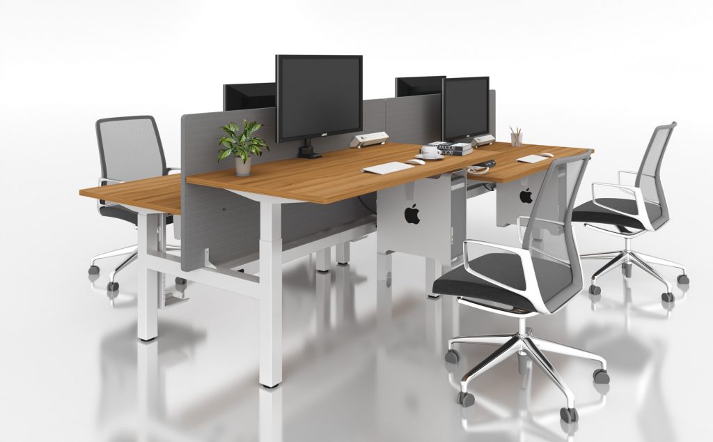 Alice quad-motor sit-stand desk frame height adjustable middle cable tray live office scene