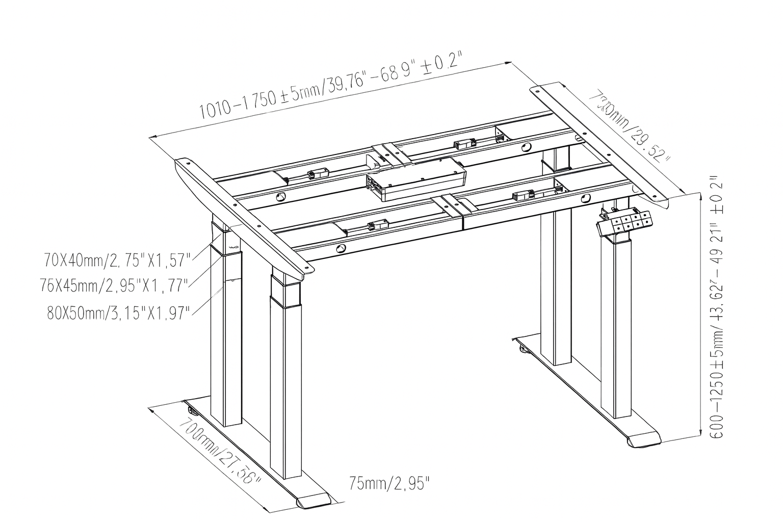 EDF45 desk frame dimensions
