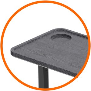 Aura Lite Spring Assisted Height Adjustable Over-bed Table in Black cup holder and raised edges