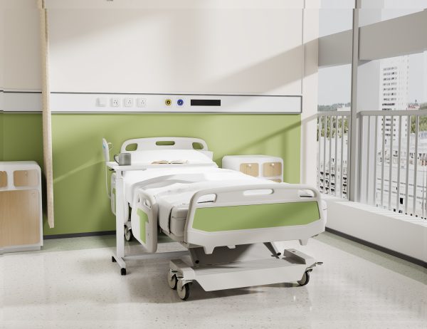 Aura Lite Spring Assisted Height Adjustable Over-bed Table in White hospital scene