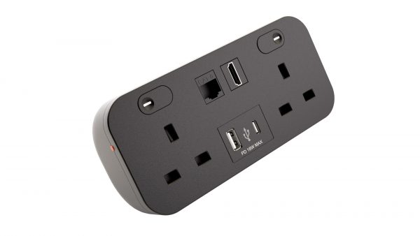Hicon two dual UK socket desktop power unit with dual USB black and Media outputs