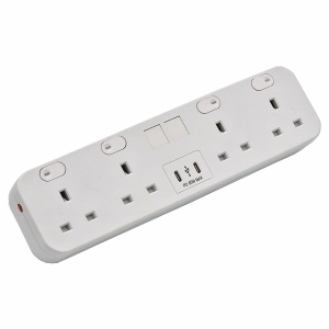HICON FOUR - 4 UK socket desktop power unit with dual USB and Media outputs in WHITE