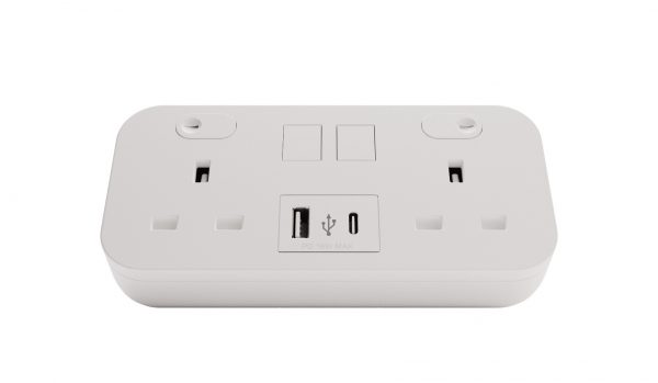 Hicon two dual UK socket desktop power unit with dual USB WHITE and Media outputs FRONT