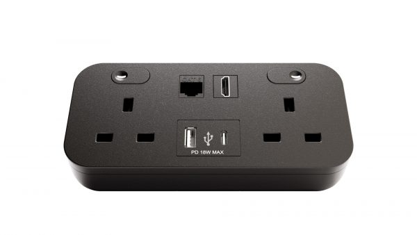 Hicon two dual UK socket desktop power unit with dual USB black and Media outputs FRONT HDMI CAT 6