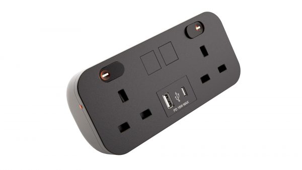 Hicon two dual UK socket desktop power unit with dual USB black and Media outputs