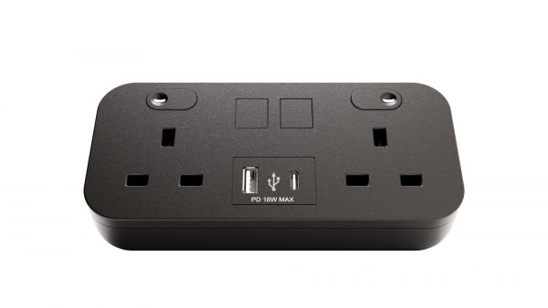 Hicon two dual UK socket desktop power unit with dual USB black and Media outputs FRONT SWITCH OFF