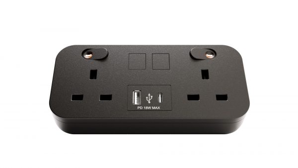 Hicon two dual UK socket desktop power unit with dual USB black and Media outputs FRONT WHITE BACKGROUND