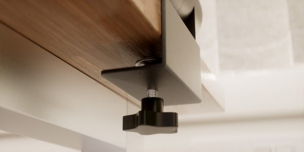 Hicon two dual UK socket desktop power unit with dual USB black and Media outputs FRONT WHITE LIFESTYLE CLAMP