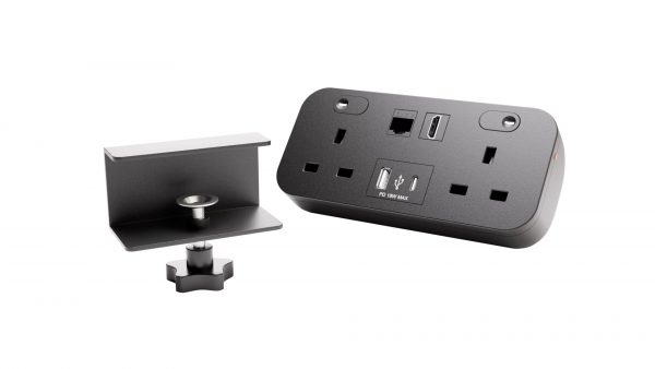 Hicon two dual UK socket desktop power unit with dual USB black and Media outputs WITH CLAMP