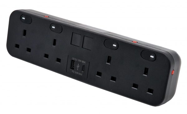 HICON FOUR - 4 UK socket desktop power unit with dual USB and Media outputs in BLACK