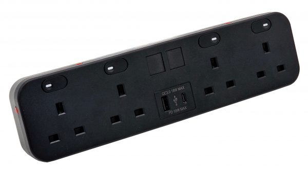 HICON FOUR - 4 UK socket desktop power unit with dual USB and Media outputs in BLACK