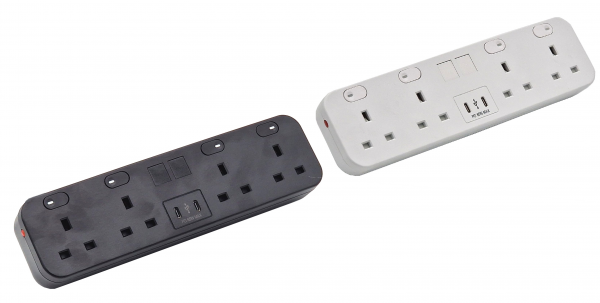 HICON FOUR - 4 UK socket desktop power unit with dual USB and Media outputs in BLACK and WHITE