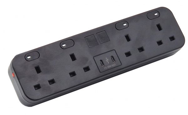 HICON FOUR - 4 UK socket desktop power unit with dual USB and Media outputs in BLACK