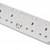 HICON FOUR - 4 UK socket desktop power unit with dual USB and Media outputs in WHITE