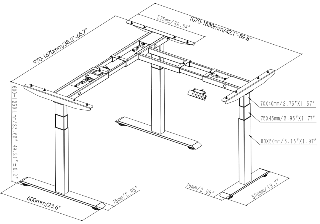 Alice Triple motor height adjustable radial desk frame sizes dimension line drawing