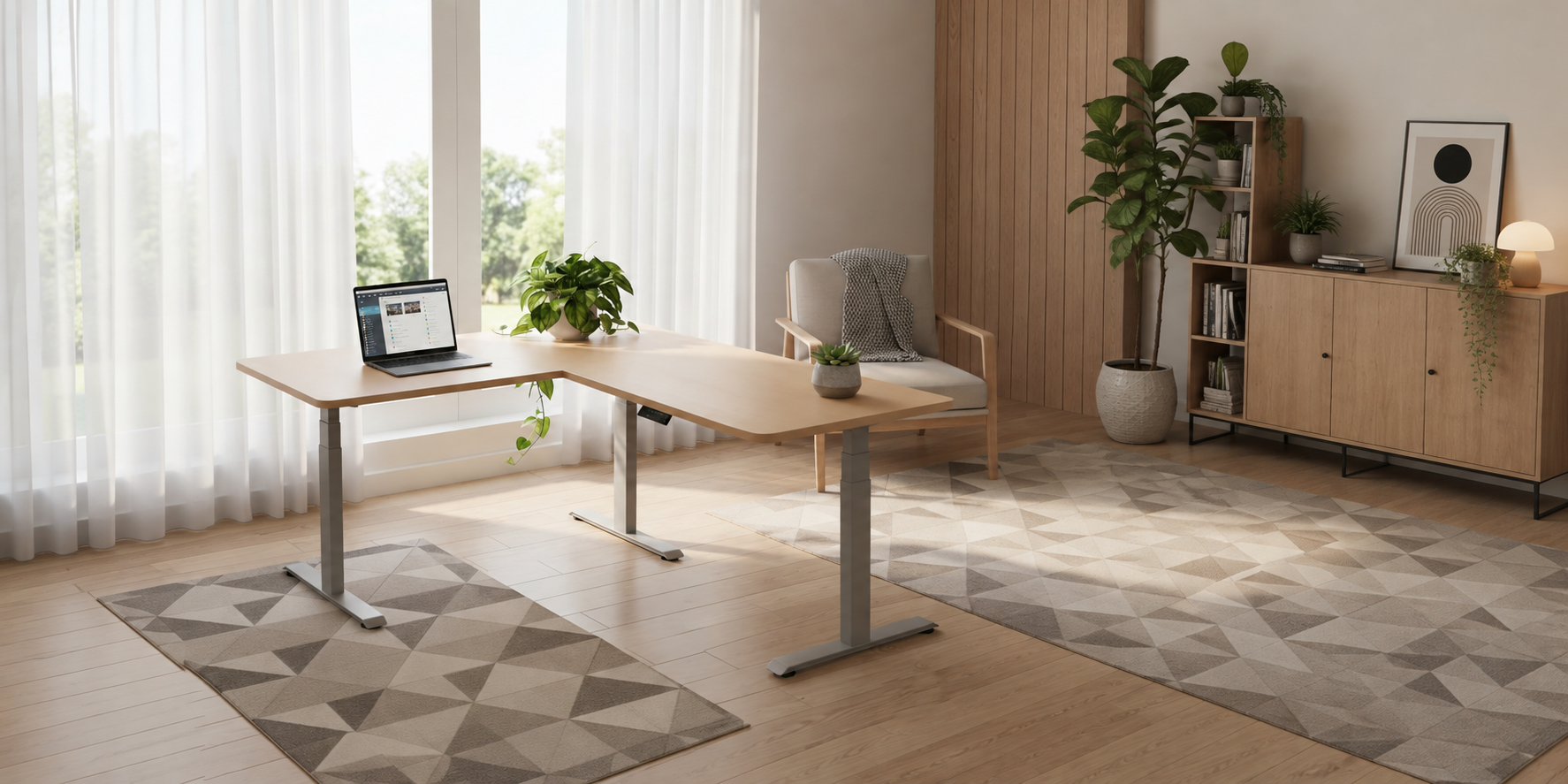 Alice Triple motor height adjustable radial desk frame life scene