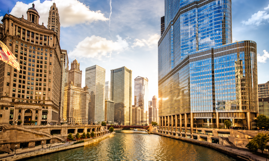 Golden hour cityscape by the river